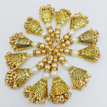 Gold Engraved Flatback Charm Latkan With Beaded Tassels And Pearl Embellishments, Indian Latkans, Gold Beaded Danglers